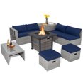 thumbnail image 1 of Patiojoy 9 Pieces Outdoor Patio Furniture Set with 32-Inch Propane Fire Pit Table Outdoor PE Wicker Space-Saving Sectional Sofa Set with Storage Box and Cushions Navy, 1 of 9