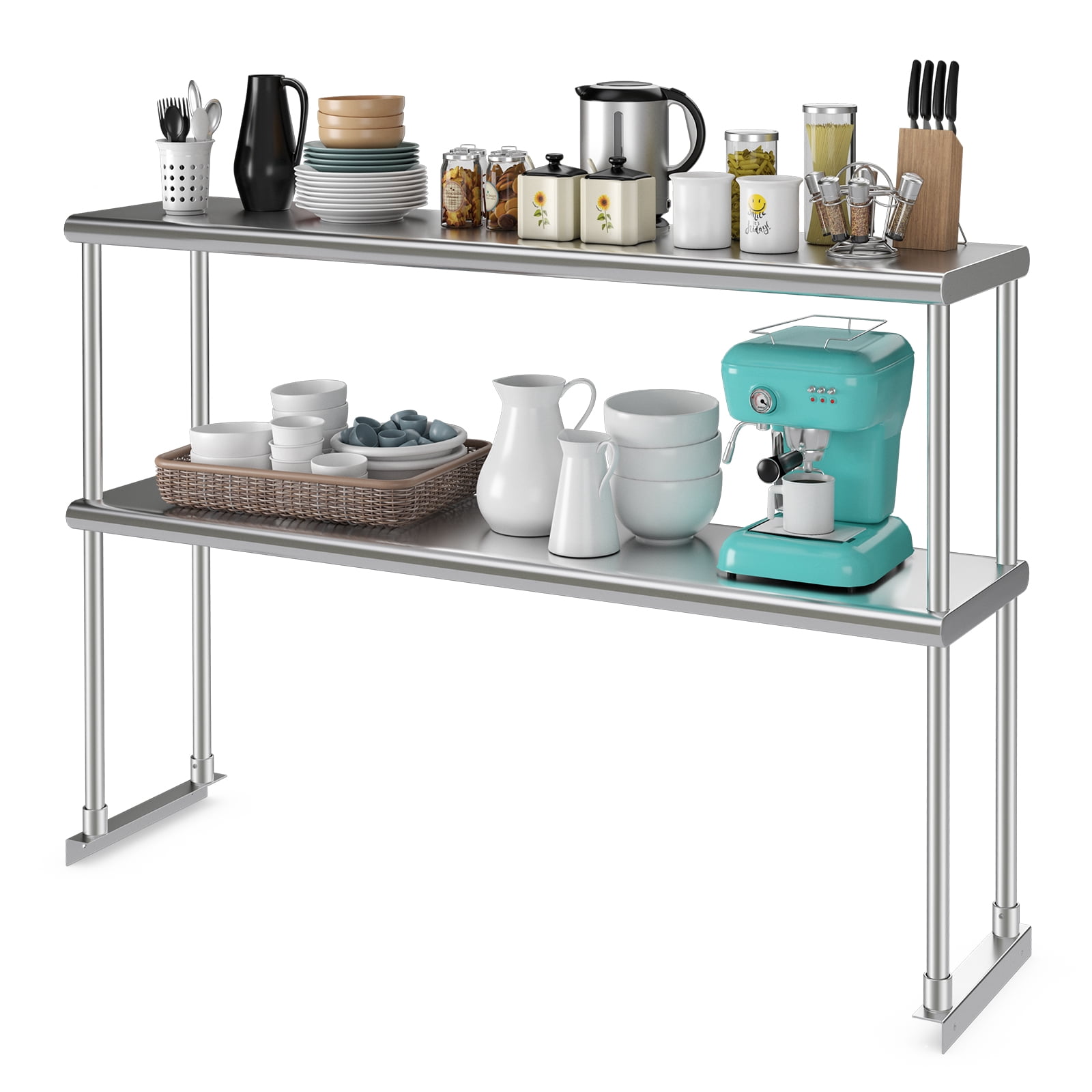 Costway Étagère Supérieure 48 Pouces 2 Niveaux pour Préparation et Table de Travail Étagère Inférieure Réglable en Acier Inoxydable