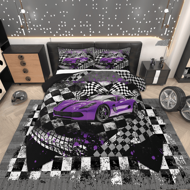 Erosebridal Ensembles de Couette Voiture de Course pour Ados Format Double, Couettes et Duvets Sports Extrêmes pour Garçons Hommes, Noir Violet, Réversible 3 Pcs