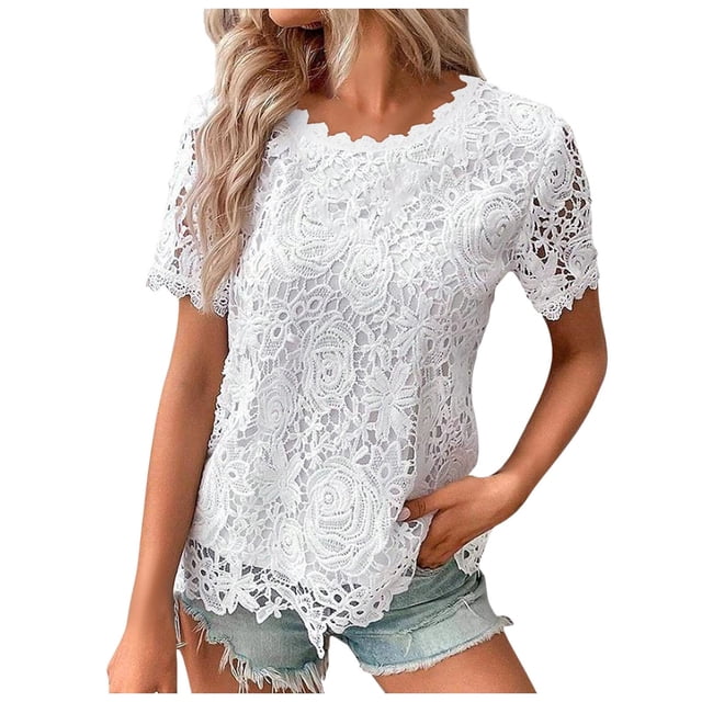 Haut en Dentelle pour Femmes Col Rond Crochet Manches Courtes - T-Shirt Décontracté d'Été - TTTG-TTTTTG