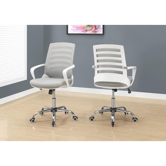 Monarch Specialties Chaise De Bureau, Hauteur Ajustable, Pivotant, Ergonomique, Appuis-bras, Bureau, Travail, Métal, Engrener, Blanc, Chrome, Contemporain, Moderne