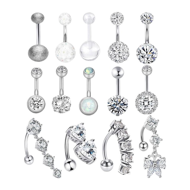 14pcs 14G belly button rings stainless steel kit with various designs, including cubic zirconia accents, curved barbells, and dangle styles. Each ring measures 10mm in bar length and is crafted from rust-resistant stainless steel, ensuring durability and comfort. Perfect for belly button piercings, this body jewelry set is suitable for teen girls and women, ideal for summer accessories or gifting occasions.