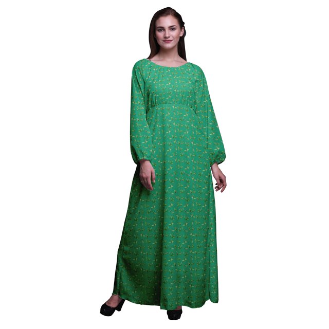 Bimba Robe Maxi d'Été Décontractée pour Femmes en Georgette Mousse à Imprimé de Feuilles de Thé, Longue, Taille Élastique - Petit