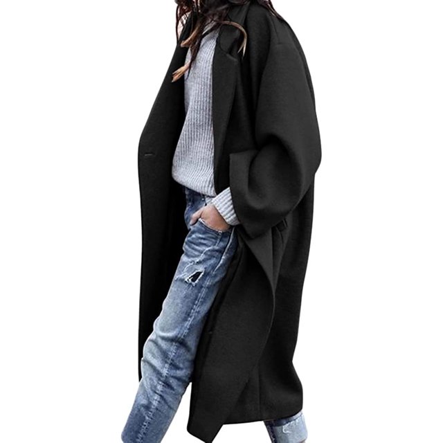 LinYooLi Women‘s Casual Lapel Button Long Solid Color Wool Blend Coat Loose Trench Coat Overcoat