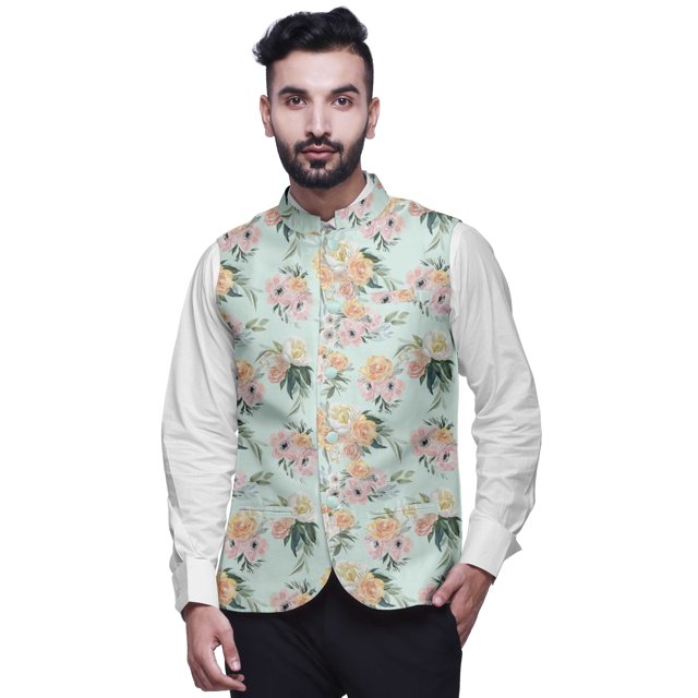 Atasi Floral Printed Wedding Jackets For Men Nehru Jacket Waist Coat For Festive Season-XX-Large