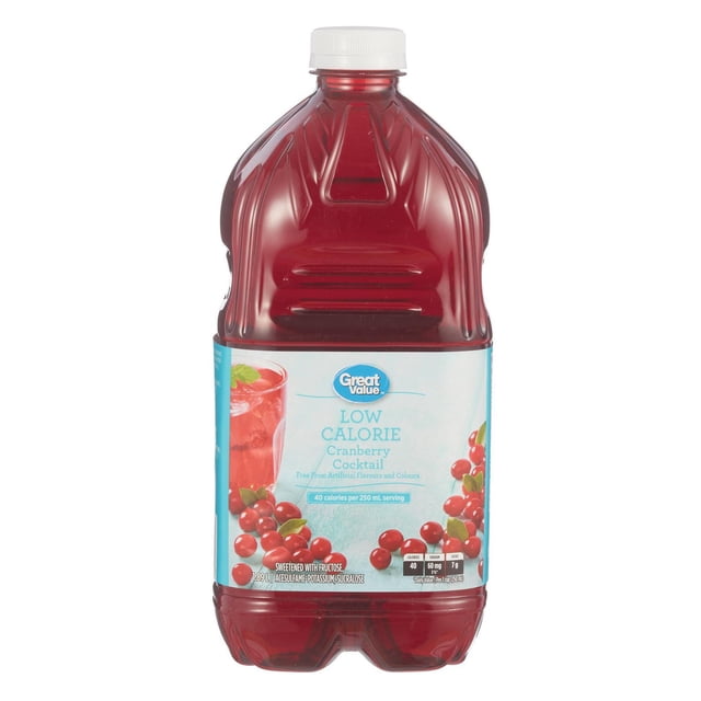 Great Value Light Cranberry Cocktail in a 1.89 L clear plastic bottle with white screw cap, containing deep red low calorie cranberry juice. The label states 40 calories per 250 ml serving, sweetened with fructose, acesulfame-potassium, and sucralose, and features fresh cranberries and a glass of cranberry cocktail. Ideal for serving chilled on warm days.