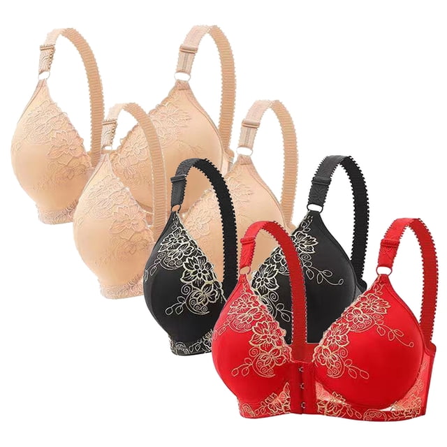 DecSea 4PC Women's Large Lace Breathable Front Opening Bra Wrapped Up Cup Side Fold Breast Lift Bra