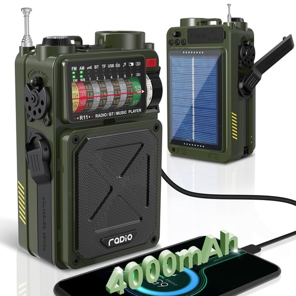 Emergency Crank Radio- Emgykit 4000mAh/14800mWh AM/FM/WB/SW/NOAA Weather Radio with Bluetooth,Flashlight,SOS Alarm, Powered by USB Charged,Hand Crank & Solar Power for Camping, Emergen