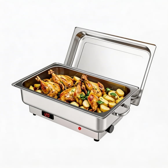 Réchaud Électrique pour Buffet, Réchaud à Aliments en Acier Inoxydable de 9 Qt avec Affichage Numérique de la Température, 1 Poêle Pleine Grandeur, Argent