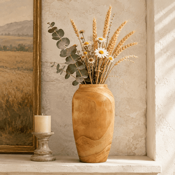 MEHOOM Vase à Fleurs en Bois, Vase de Style Ferme avec Doublure en Verre, Vase Décoratif Rustique pour Table, Étagère, Entrée