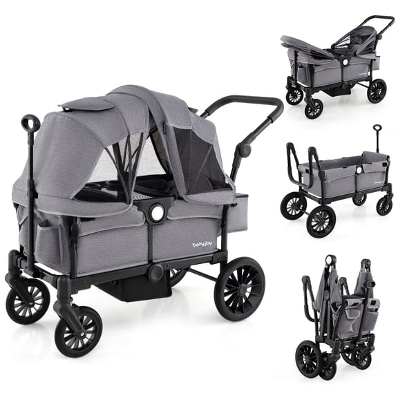 Poussette-wagon Babyjoy pour 2 Enfants, Poussette Double à Pousser et Tirer avec Poignée Réglable, Gris