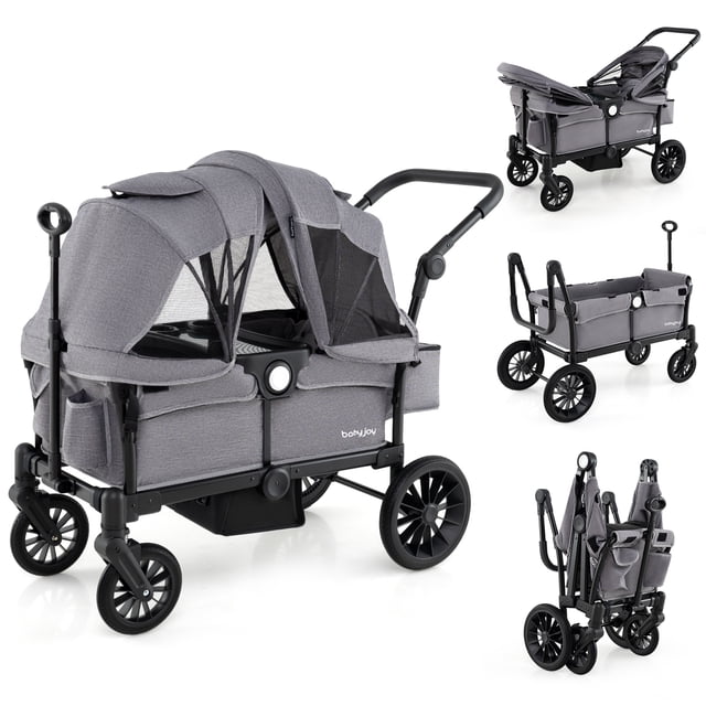 Poussette-wagon Babyjoy pour 2 Enfants, Poussette Double à Pousser et Tirer avec Poignée Réglable, Gris