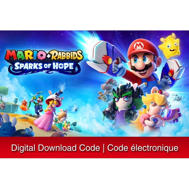 Mario + Rabbids Sparks of Hope - Nintendo Switch Couverture de code Numérique Mettant en Vedette Mario avec des Canons à Bras Futuristes, Lapin Pêche en Robe Rose et Chapeau de Lapin, Lapin Luigi avec un Nœud, et d'Autres Personnages Lapin contre un Ciel Étoilé Cosmique vibrant avec des Nuages, Représentant l'Aventure Galactique du Jeu.