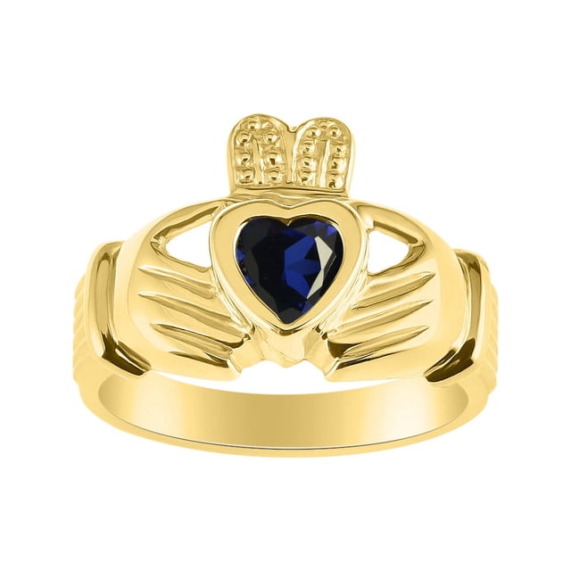 RYLOS Rings Gold Plated Silver Claddah Love, Loyalty & Friendship Heart 6MM Gem Irish Wedding Band Claddagh Rings September Sapphire Jewelry Size 8