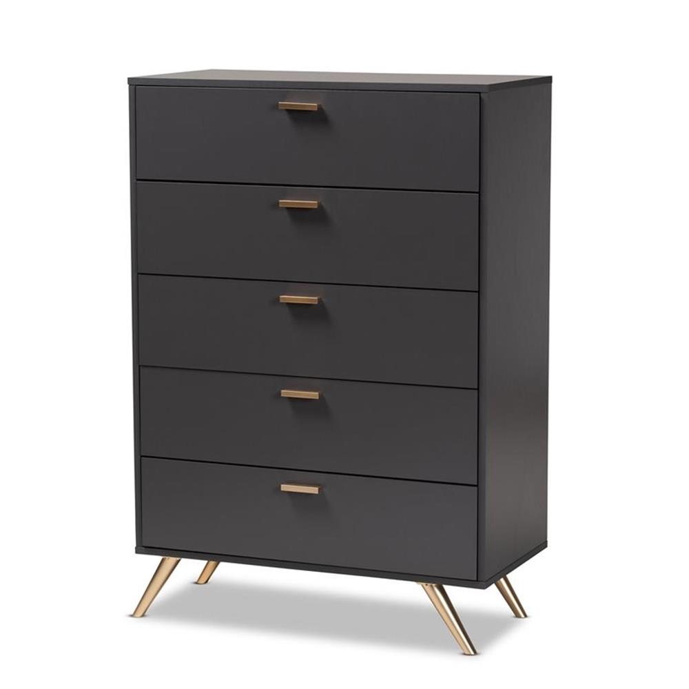Bowery Hill Commode à 5 Tiroirs en Bois, Fini Gris Foncé et Or