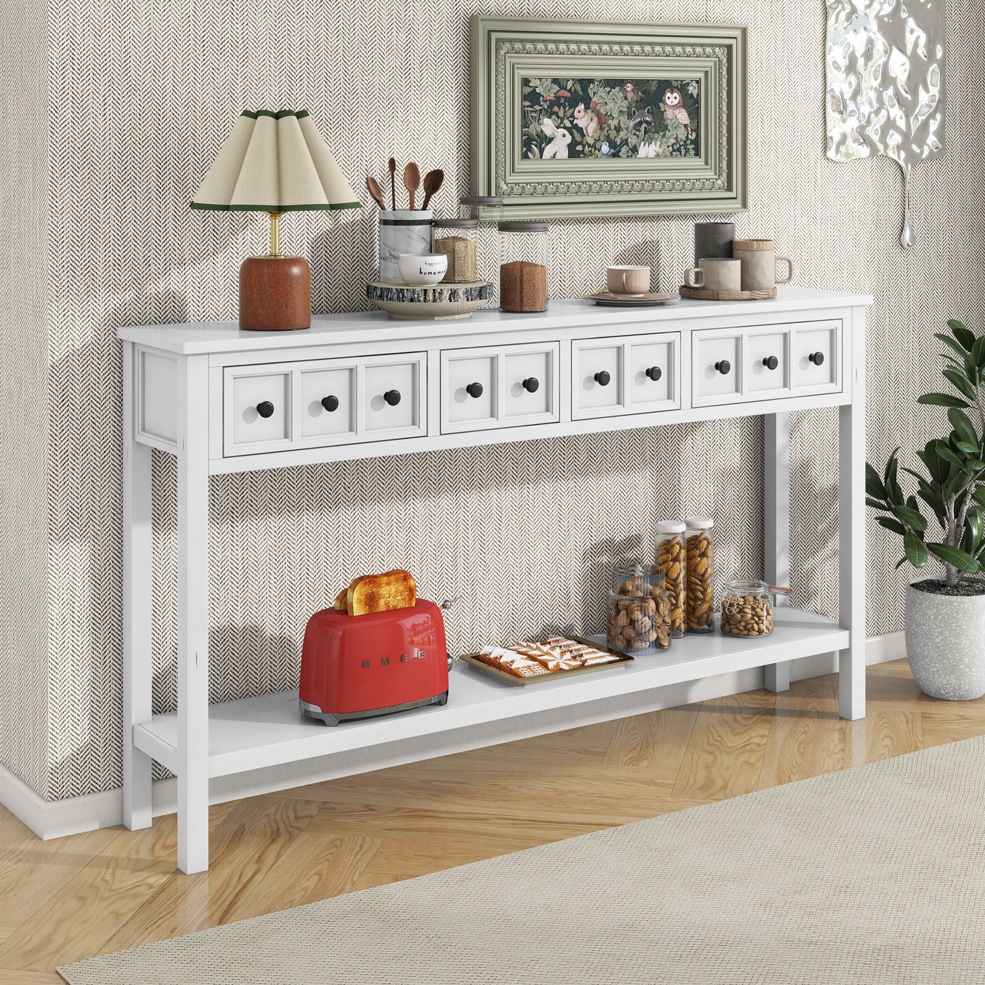 Noble House Table Console d'Entrée Rustique, Table de 60 Pouces avec Deux Tiroirs de Tailles Différentes et Étagère Inférieure pour Rangement, Blanc Antique