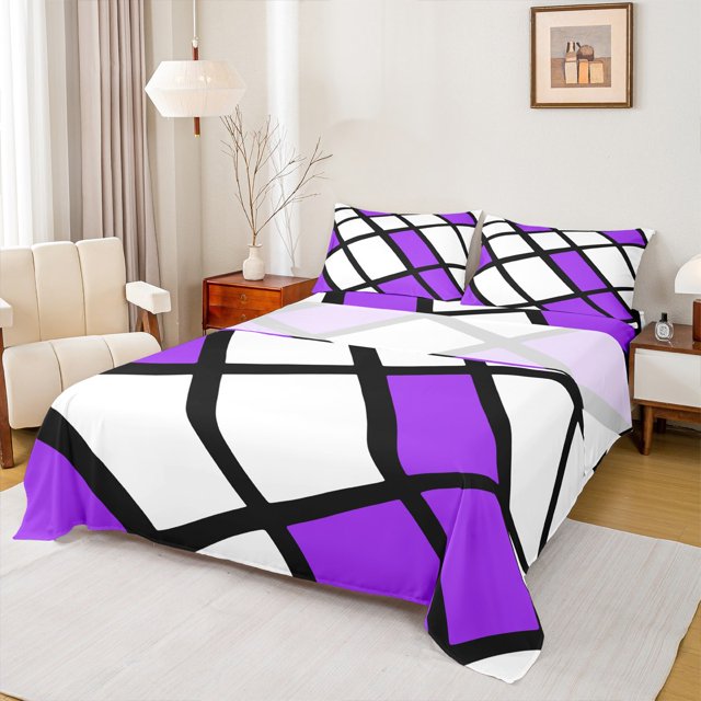 Erosebridal Purple White Geometic Bed Sheets Full,Abstract Geometry Bedding Full Size,Plaid Grid Sheet Set Full,Lightweight Room Decor,4 Pieces