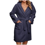HAiming Womens Hooded Robe Soft Towel Warm Fleece Bathrobe Shower Bath Spa Robes Long Loungewear with Pocket Tie Waist