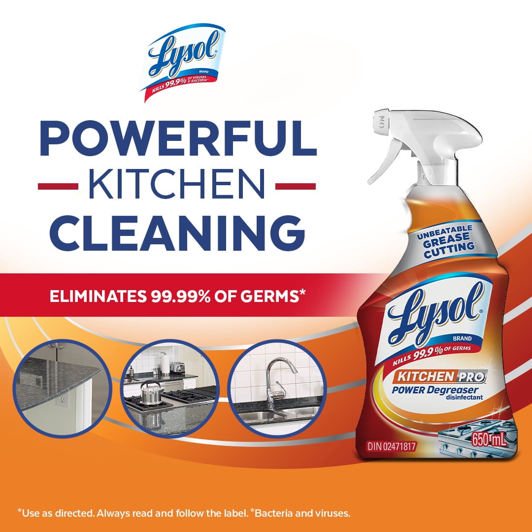 Nettoyant antibactérien de cuisine Lysol, dégraissant puissant Kitchen-Pro, dégraissage imbattable, 650 ml