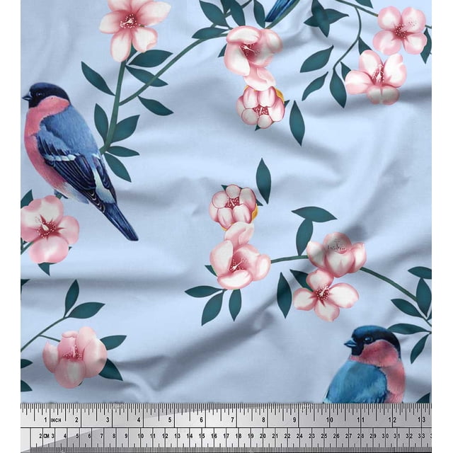 Soimoi Blue Georgette Viscose Fabric Peach Floral & American Robin Bird Print Fabric by The Yard 44 Inch Wide