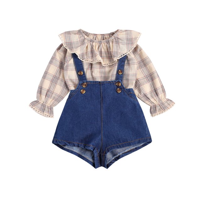 Xingqing Newborn Baby Girls Long Sleeve Ruffle Collar Plaid Pullover Suspender Pants