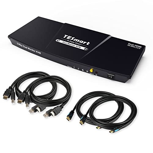 TESmart HDMI KVM Switch 2 Port Dual Monitor Extended Display, UHD 4K@60Hz RGB 4:4:4, USB Hub, Audio, Hotkey, Button Switching, PC Monitor Keyboard Mouse Switcher for 2 Computers 2 Monitors with Cables