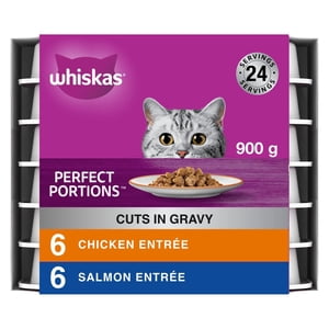 Whiskas Perfect Portions Poulet & Sélection de saumons coupés dans les aliments pour chats gras humides