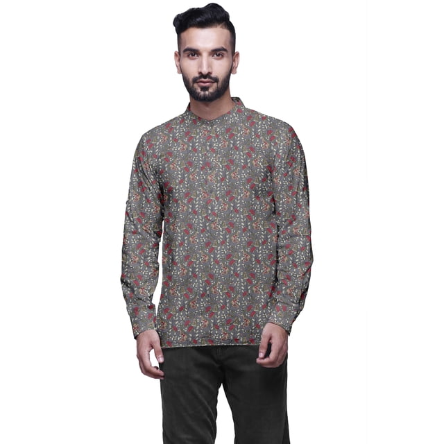 Atasi Kurta en Coton à Manches Longues à Revers pour Hommes Col Mandarin Chemise Ethnique Imprimée