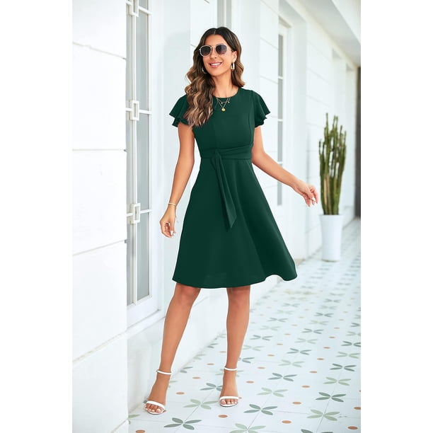 formal swing dress with sleeves OWIN Women's Elegant Ruffle Sleeve A-Line – Vintage Cocktail Party Dress Belt, Knee-Length, Flattering Fit Midi