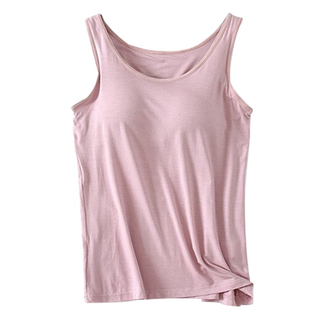 GDREDA Robes Débardeurs Femme Été Débardeurs Femme avec Soutien-Gorge Intégré 2024 Été Décontracté Col Rond Sans Manches Camisole Grande Taille Rembourrée Hauts d'Entraînement Débardeurs et Camisoles pour Femme Rose,TG