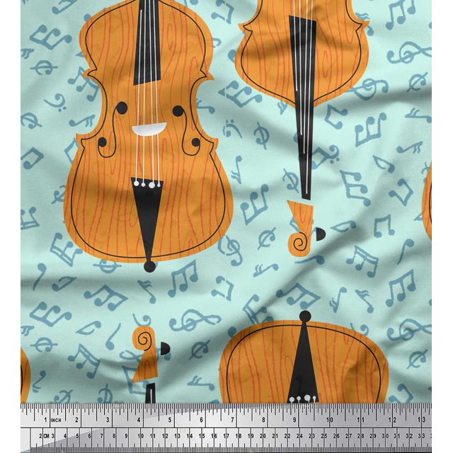 Soimoi Green polyester Crepe Fabric Notes & Violin Musical Instrument Printed Fabric 1 Yard 52 Inch Wide