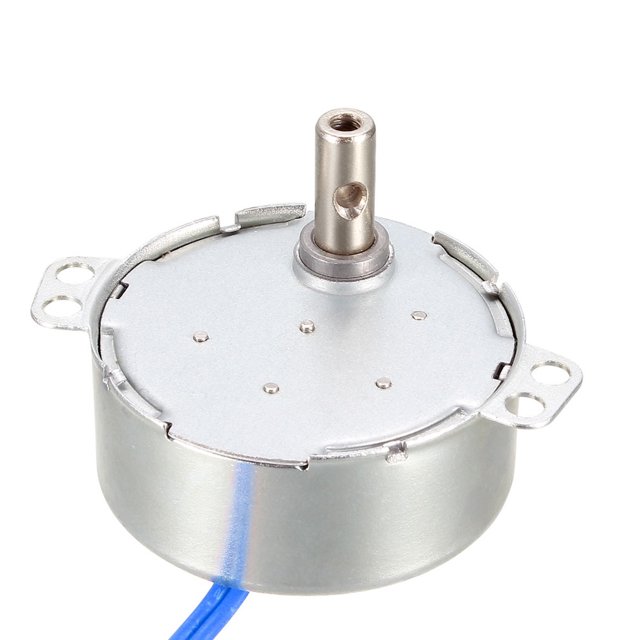Synchronous Motor AC 100-127V 8-10RPM 50-60Hz CCW/CW 4W Gear Motor. The motor features a compact cylindrical body with a diameter of 50mm and a height of 20mm, along with a 7mm diameter shaft extending 15mm. It includes mounting holes with a 4.5mm diameter and a 40cm wire for connection. Suitable for applications like gluing machines, stage lights, and electric-drive toys.