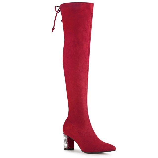 Unique Bargains Women's Chunky Heels Rhinestone Over the Knee High Boots Red (Size 8)