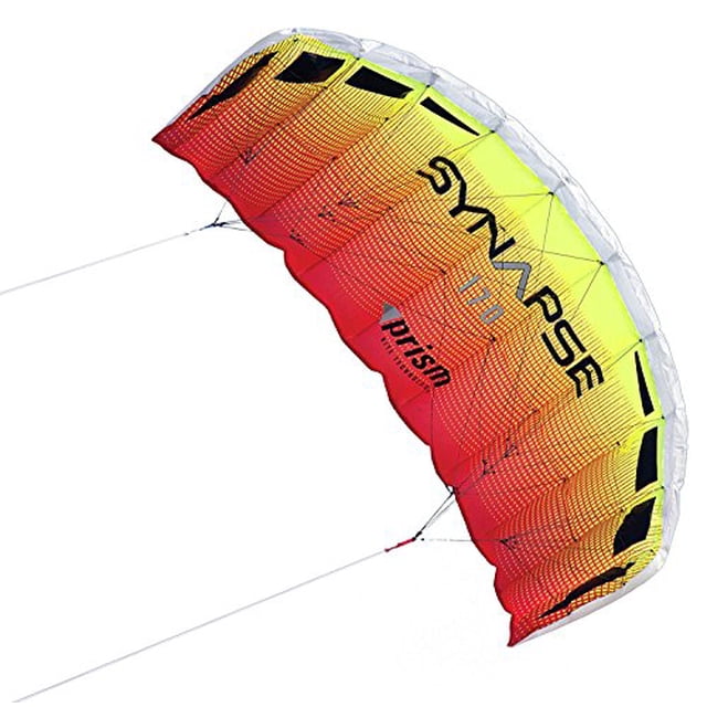 Prism Synapse Dual-line Parafoil Kite, 170, featuring a vibrant gradient design transitioning from yellow to red with black accents. This dual-line kite is crafted for speed and agility, ideal for beginners and experienced pilots alike. The parafoil design eliminates the need for assembly, with no frame parts to damage, ensuring durability and ease of use. The kite is shown in a fully deployed state, highlighting its high-aspect ratio wings for precise control. Designed by Prism Kite, it comes ready to fly and folds into a compact pouch for portability.