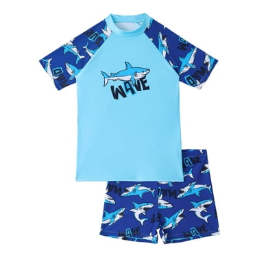Sunnyoo Big Boys Swimsuit Shark Print Short Sleeve Rash Guard Shorts Quick Dry Bathing Suit with UPF50+