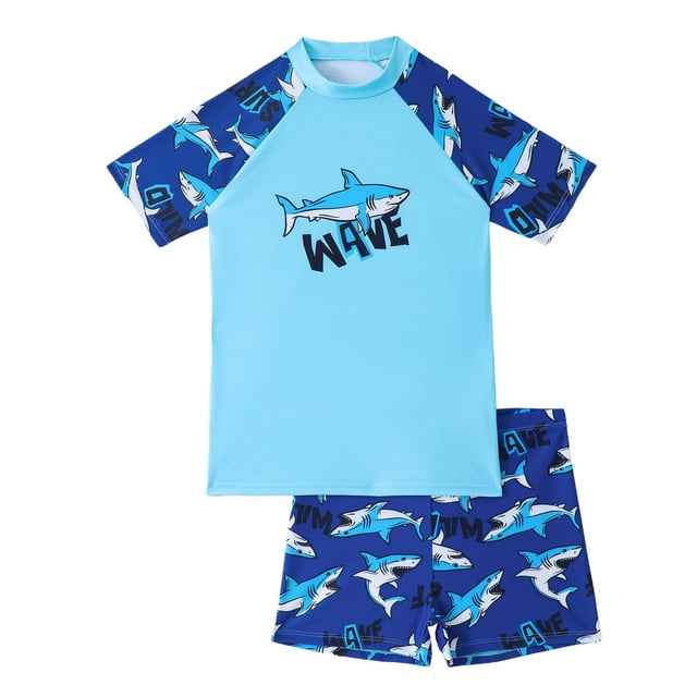 Sunnyoo Big Boys Swimsuit Shark Print Short Sleeve Rash Guard Shorts Quick Dry Bathing Suit with UPF50+