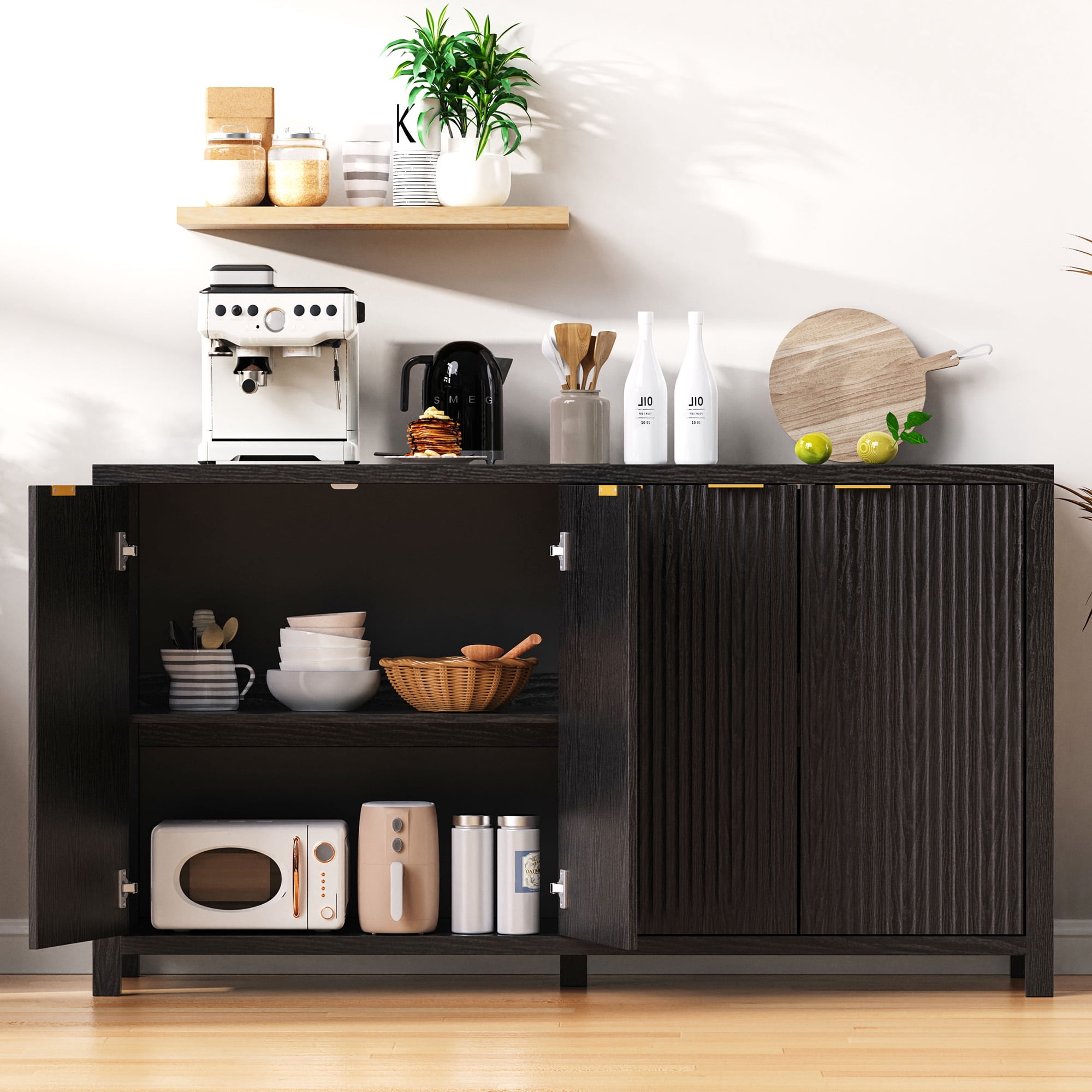 Noble House 55" Fluted Buffet Cabinet,4-Door Farmhouse Accent Storage with Adjustable Shelves for Dining Room,Black