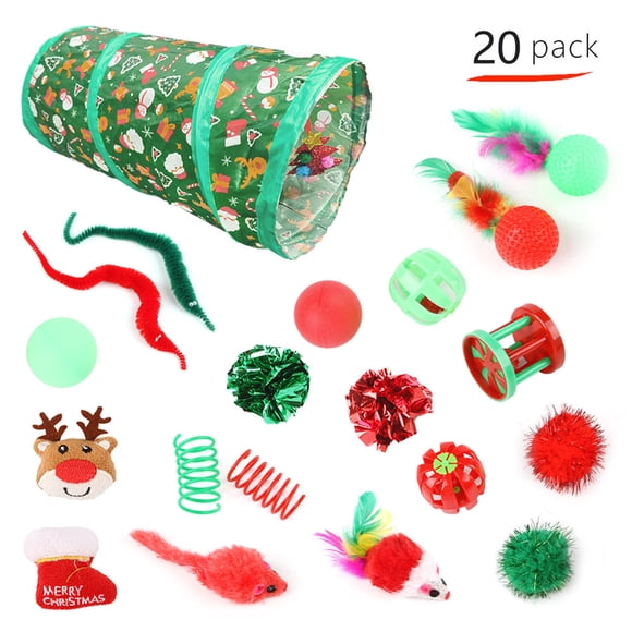 Ensemble de Jouets Interactifs de Noël pour Chats avec Tunnel Pliable pour Chats d'Intérieur, Comprend des Balles et une Baguette Teaser pour Jouer et Faire de l'Exercice