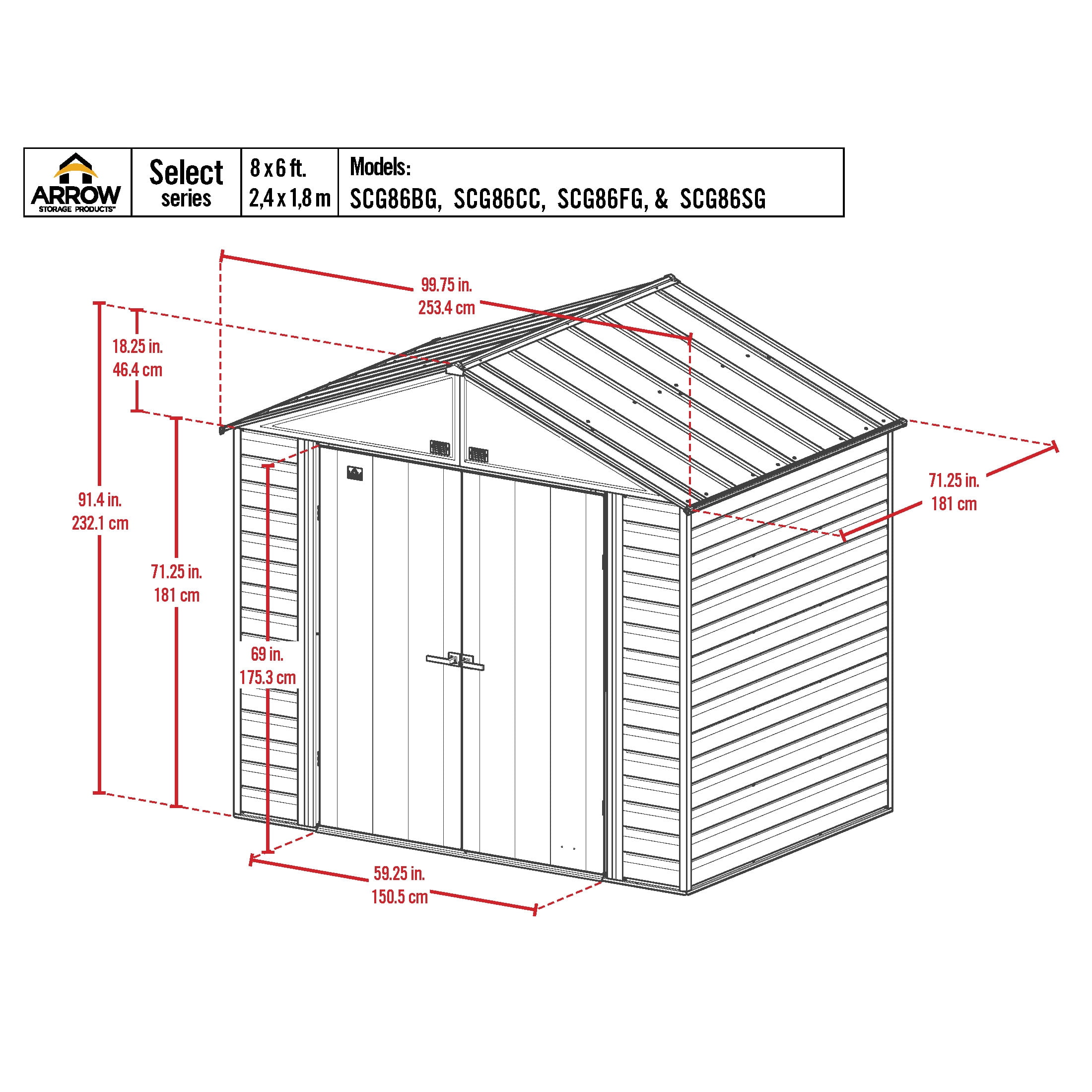 Arrow Select 8 x 6 x 8 ft Green Shed