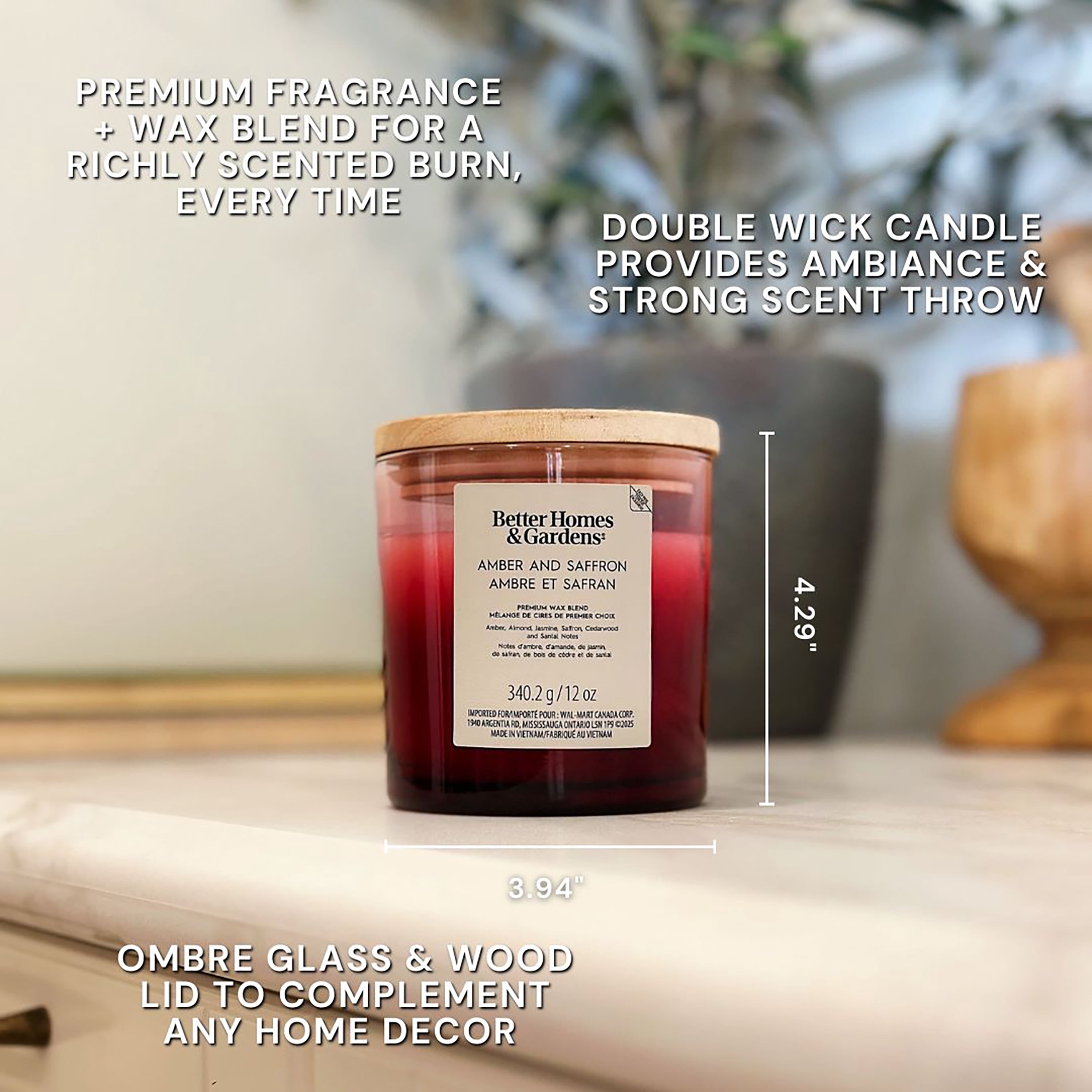 Bougie parfumée en pot ombré à 2 mèches à la cire de paraffine 12 oz Better Homes & Gardens, Ambre et safran