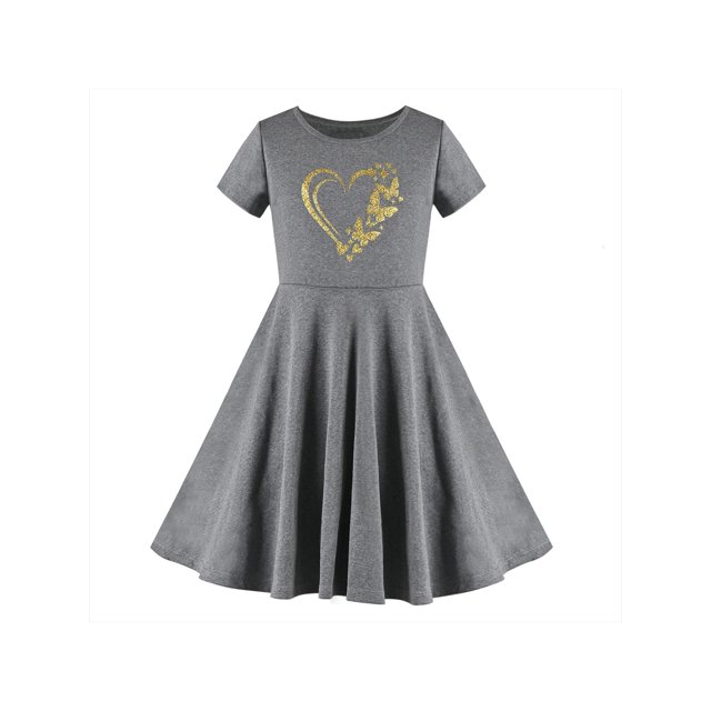 Robe Fille Gris Papillon Cœur Saint-Valentin Coton Doré 6 Ans