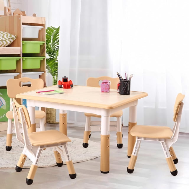 Ourlova Modern Kids Adjustable 31.5" Table and 4 Chair Set with Non-Slip Desk Legs & Graffiti Desktop Preschool Activity Kids Table Set