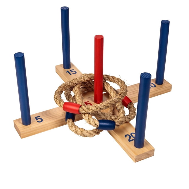 Triumph wooden Ring Toss Game Ensemble avec une Cible à Cinq Chevilles en Bois Comprenant Quatre Chevilles Bleues et une Cheville Centrale Rouge, Chacune Marquée de points 5, 10, 15, 20 et 25. Comprend Deux Anneaux de Corde Rouges et Deux Bleus. Compact et portable, Convient aux Jeux dans la Cour Ou à la Plage.