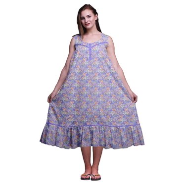 Bimba Robe de Nuit Mi-Mollet pour Femmes, Violet Moyen à Fleurs d'Anémone et Bleu Lavande, Maxi Sans Manches en Coton Imprimé, Taille XX-Grand