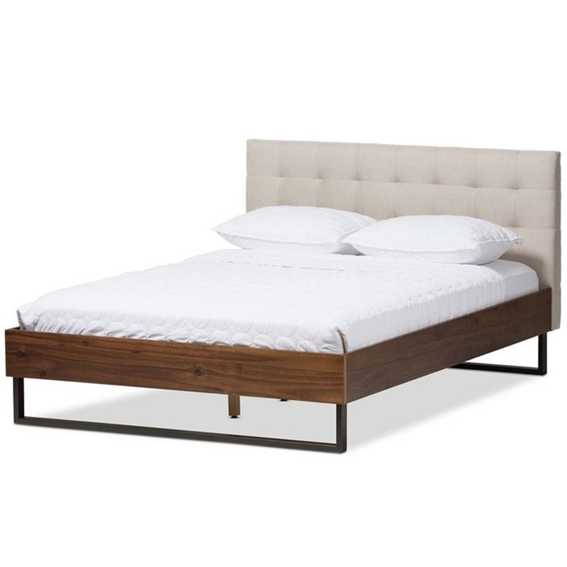 Baxton Studio Mitchell Tufted Queen Platform Bed in Beige and Brown