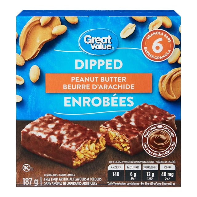 Great Value Peanut Butter Dipped Granola Bars box featuring six individually wrapped bars, with two bars in front, one broken to show chewy rolled oats inside coated in milk chocolate, on a blue background with peanuts and bilingual text, suitable as a convenient snack bar.