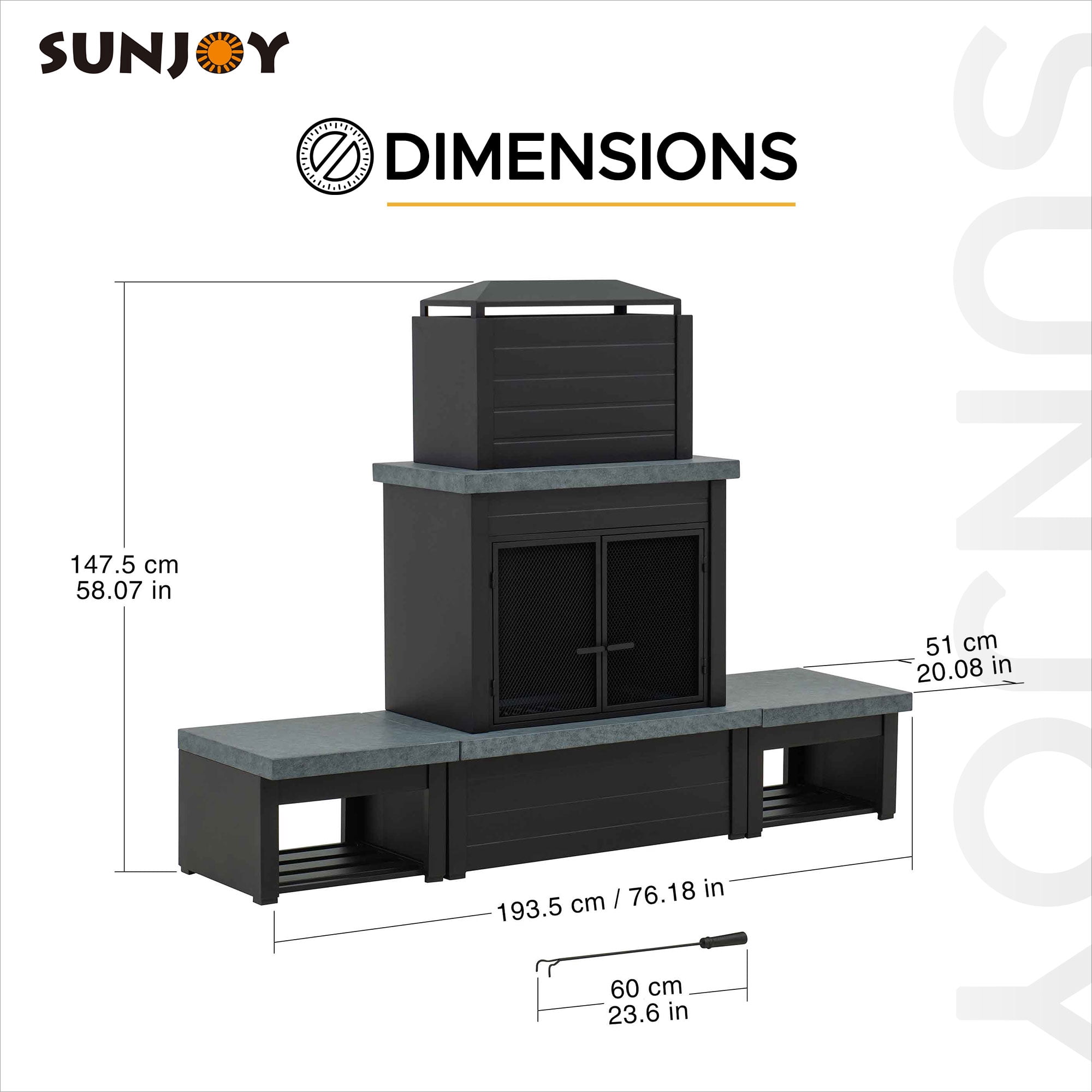 Sunjoy Cheminée Foyer à Bois Extérieur en Acier Noir Mat avec Conduit, Supports à Bûches, Outil de Foyer et Housse en PVC