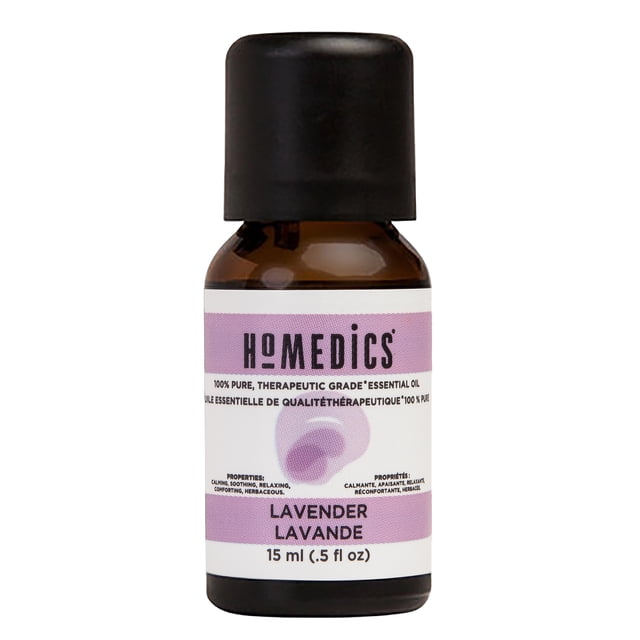 Homedics Lavender 15ml Essential Oil 6 Pack, featuring six amber glass bottles each containing 15ml of 100% pure lavender essential oil. The oil is therapeutic grade, designed for aromatherapy to promote relaxation and better sleep. The bottles include childproof caps for safety and are ideal for use in diffusers, topical application with a carrier oil, or as a room spray when mixed with water.