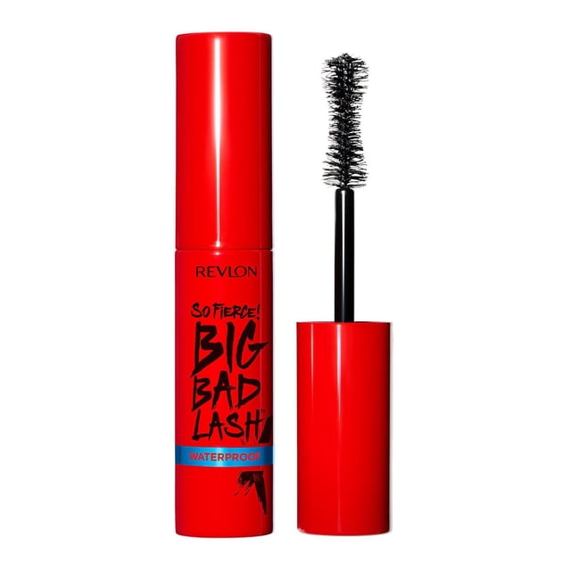 Revlon So Fierce! Big Bad Lash, Extreme Volume Mascara, 24hr Wear, 10mL waterproof mascara in a red tube with a black double-sided brush; curvy side adds volume, flat side fans lashes for a full, long-lasting look.