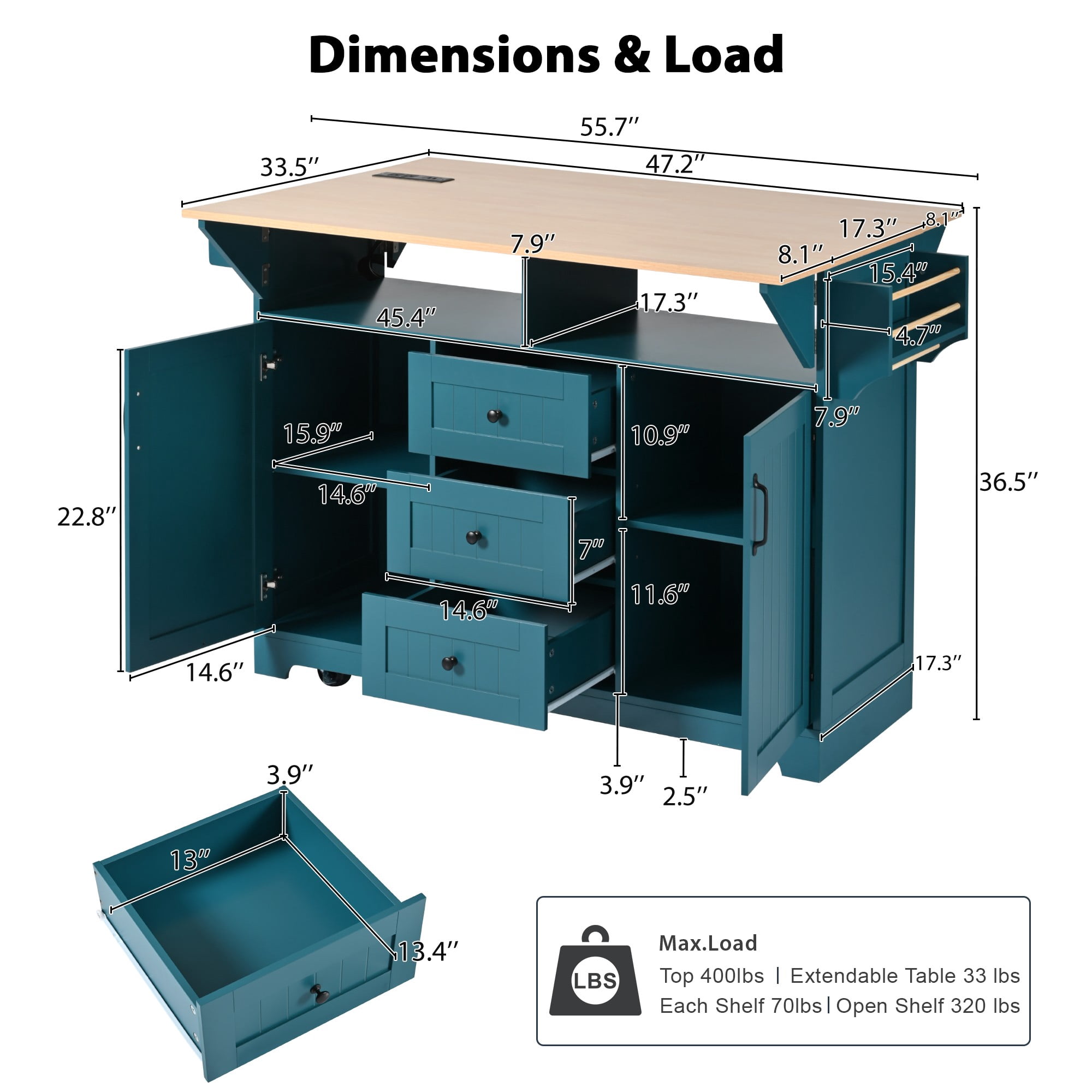Noble House 55.7" Kitchen Island with 2 Drop Leaf, for 4-6 Seating,Green
